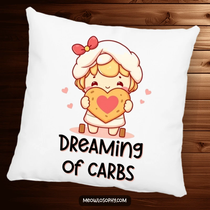 Funny kawaii character happily baking a small heart-shaped loaf of bread, featured on a soft decorative pillow.