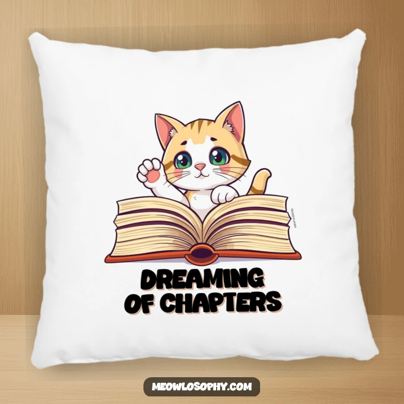 Funny pillow featuring a curious cat peeking through a large book, one paw raised in contemplation.