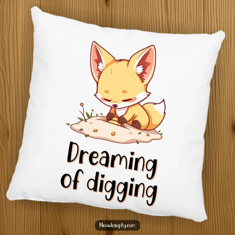 Funny Fennec Fox Pillow displays a cute fox, its large ears forward, joyfully burying a tiny, shiny object with great enthusiasm.