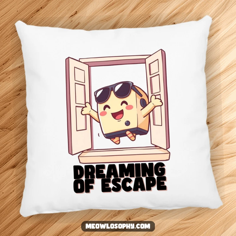 Funny toaster wearing sunglasses dramatically jumping out of a window, depicted on a comfortable pillow, perfect for adding quirky humor.