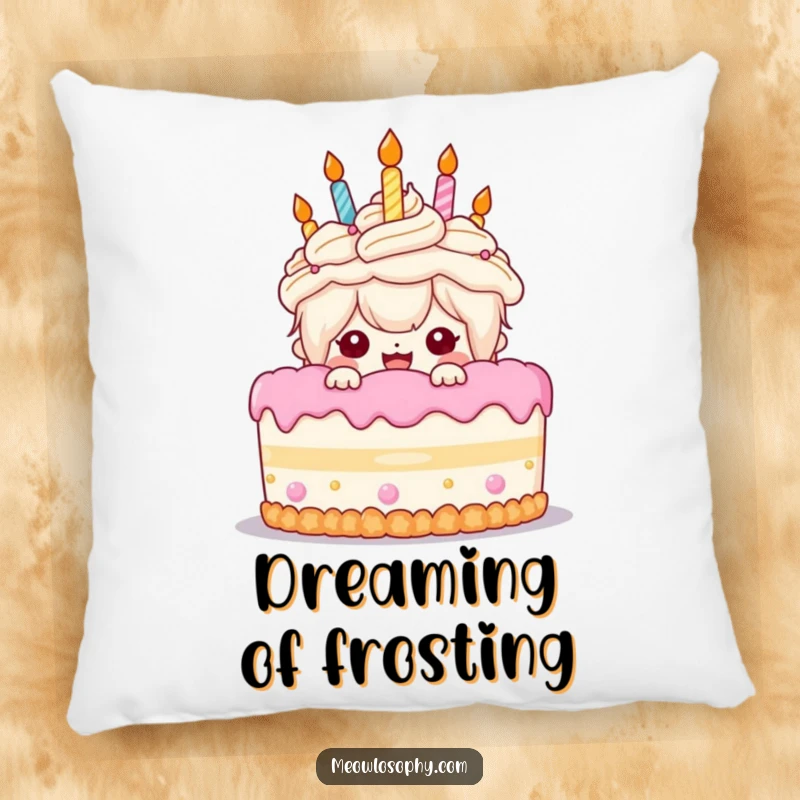 Funny Birthday Cake Pillow: A kawaii character peeks with excitement from behind a birthday cake, adding festive comfort.