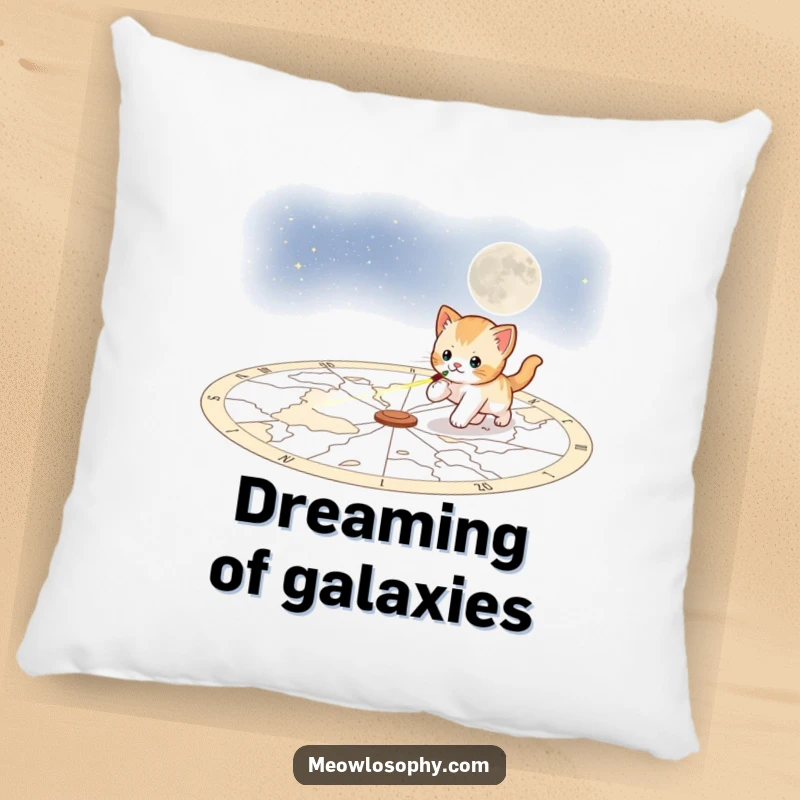 Funny playful kitten pillow, depicting a kitten chasing a laser pointer across a celestial map, offering comfort and cosmic charm.
