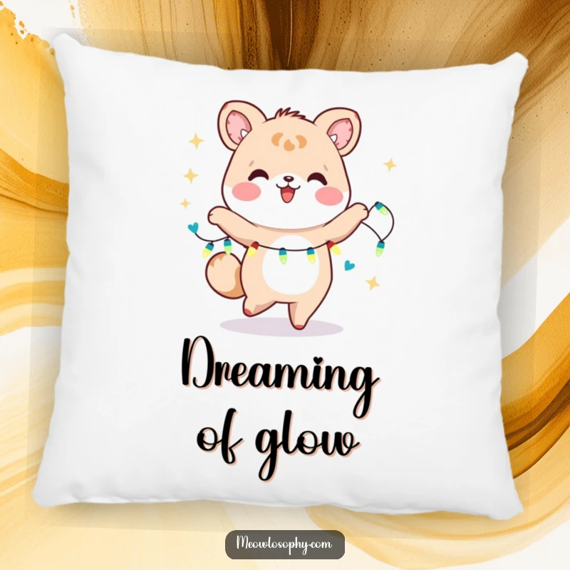 Funny Kawaii Animal Dancer Pillow featuring a cute character dancing with fairy lights. Soft, humorous, and a cheerful home accent.