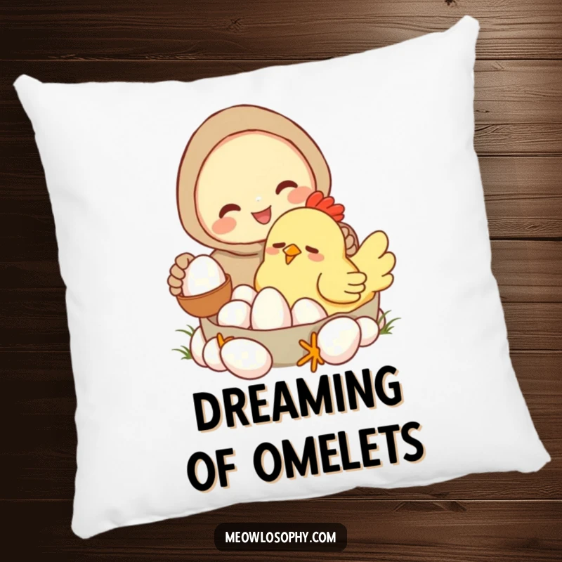 Funny pillow with a character collecting eggs from a very sleepy, cartoonish chicken. Soft and humorous home accent.