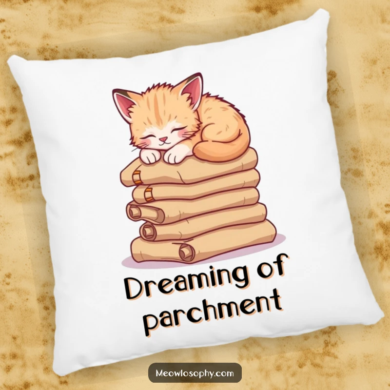 Funny sleepy kitten pillow, depicting a cute cat napping on ancient scrolls, offering comfort and a touch of academic humor.