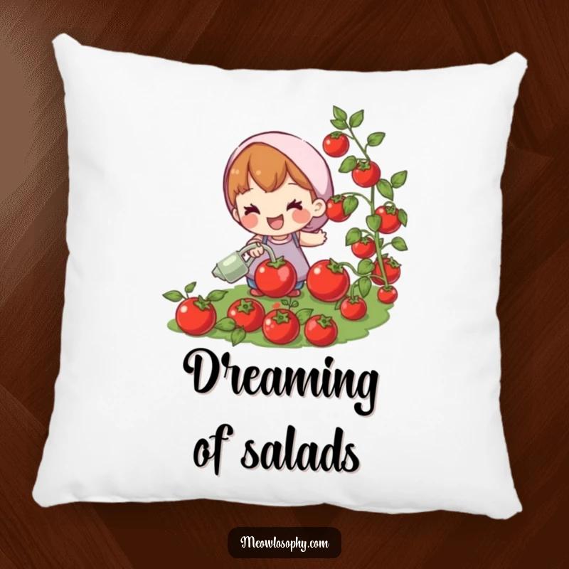 Funny pillow with a joyful character watering plump, red tomatoes. Soft, comfortable, and humorous home decor.
