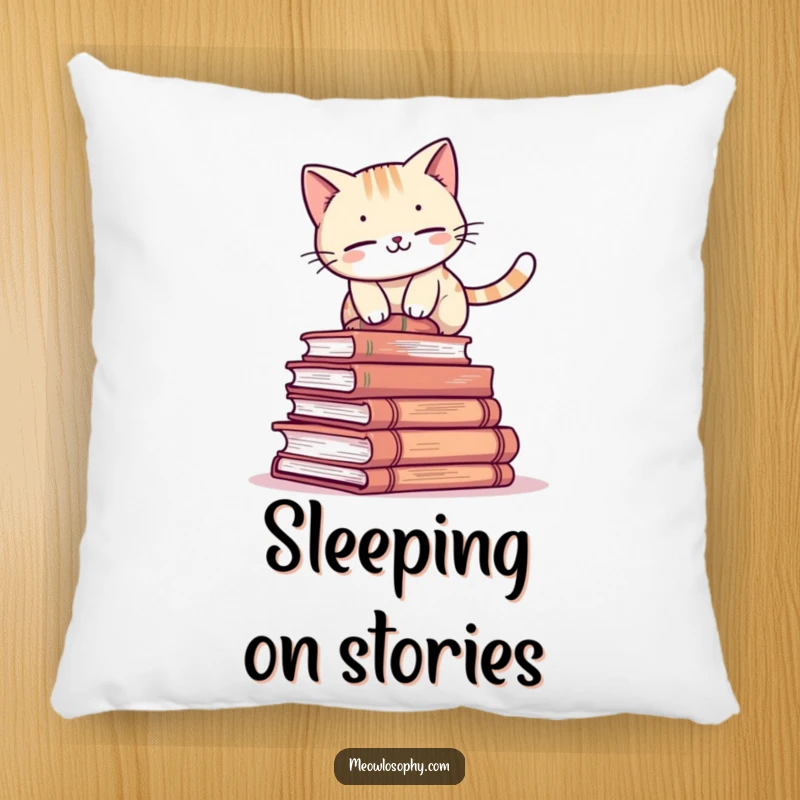 Funny cat pillow with an adorable character attempting to balance on a stack of ancient books, humorous and cozy home decor.