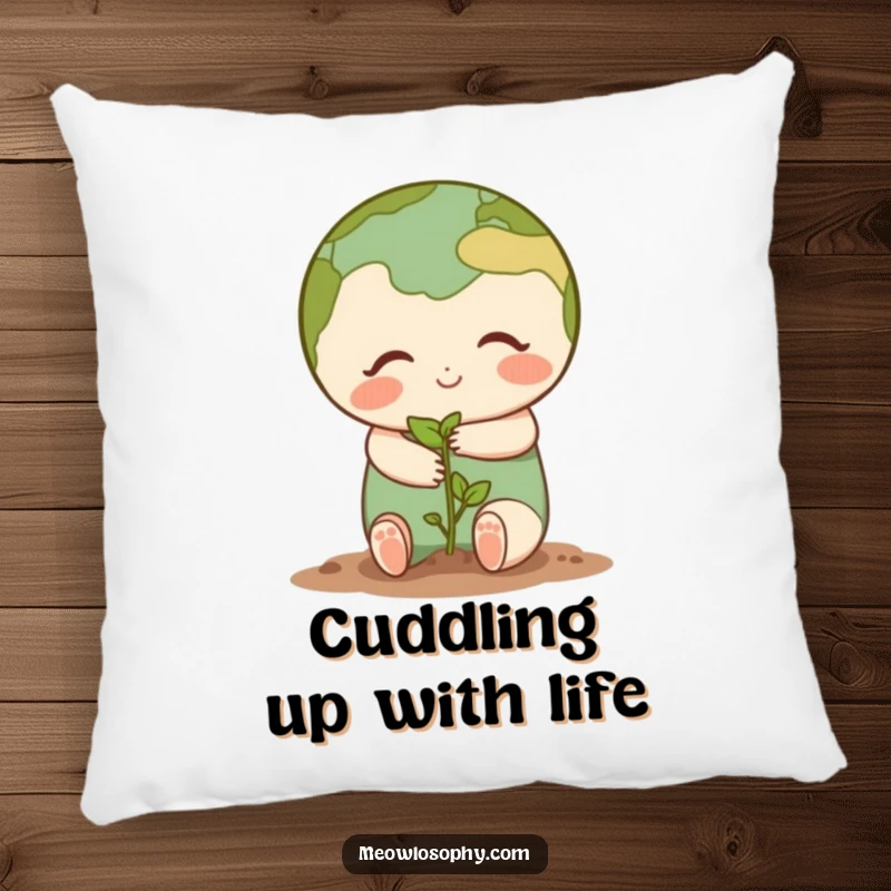 Cute Earth character sharing a gentle hug with a tiny seedling, featured on a soft pillow, providing heartwarming, humorous comfort.