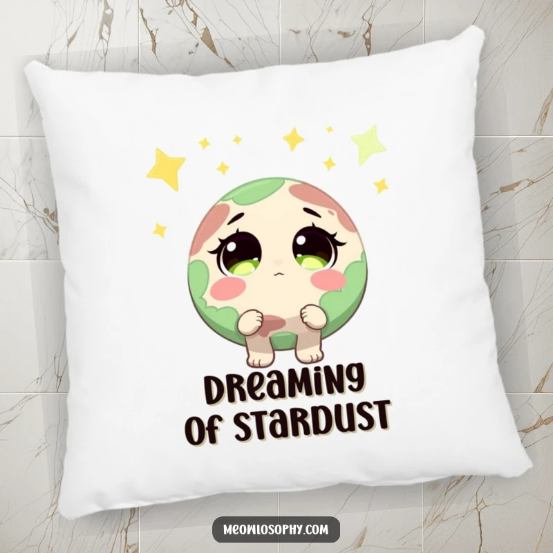 Funny Earth character with wide, sparkling eyes looking up at shooting stars, featured on a soft pillow, providing dreamy, humorous comfort.