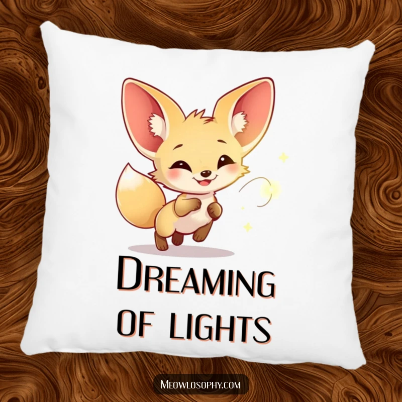 Funny pillow featuring a fennec fox joyfully chasing a firefly, offering cozy comfort and whimsical decor for dreamers.