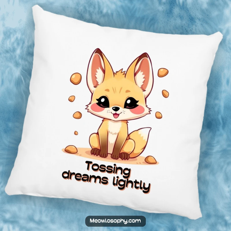 Funny pillow featuring a mischievous fennec fox juggling desert pebbles, offering cozy comfort and playful decor.