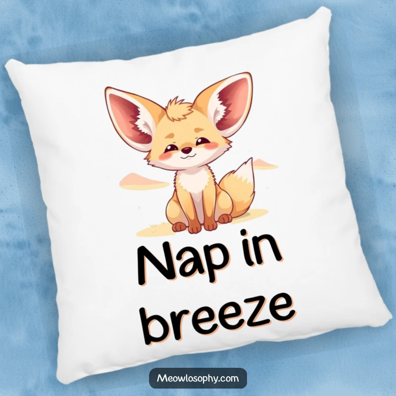 Funny Fennec Fox Pillow shows a cute fox with its ears fully extended, eyes closed contently, basking in a gentle desert breeze.