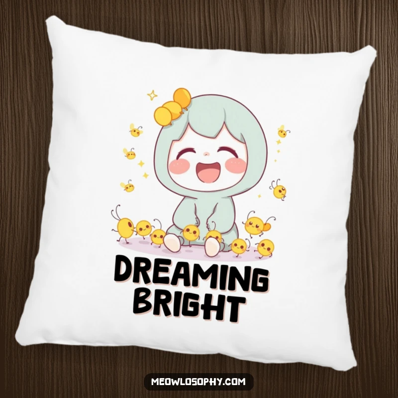 Funny Pillow featuring a cute character sharing a hearty laugh with a group of tiny, dancing fireflies, perfect for coziness.