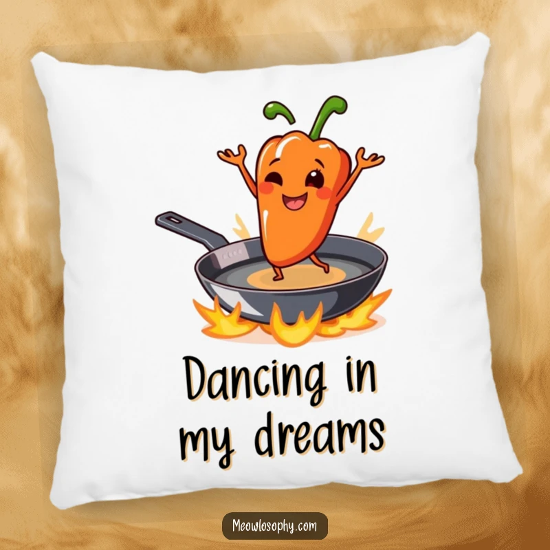 Funny grilled pepper character smiling and dancing on a sizzling skillet, offering comfort and spicy cheer on a soft pillow.