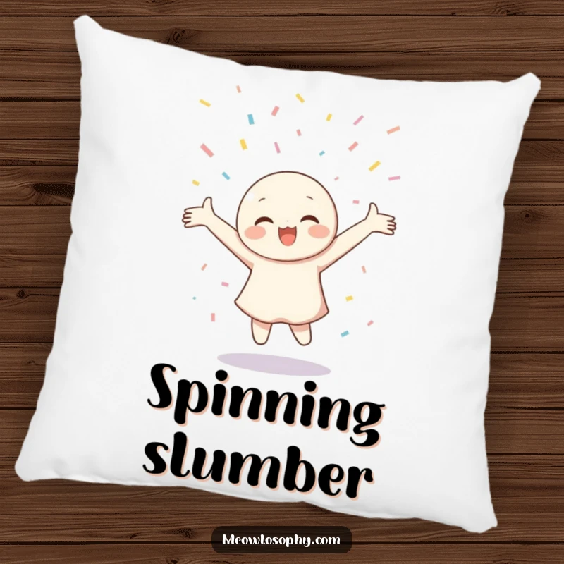 Funny Pillow featuring a character joyfully twirling with arms outstretched, embraced by a shower of colorful confetti.