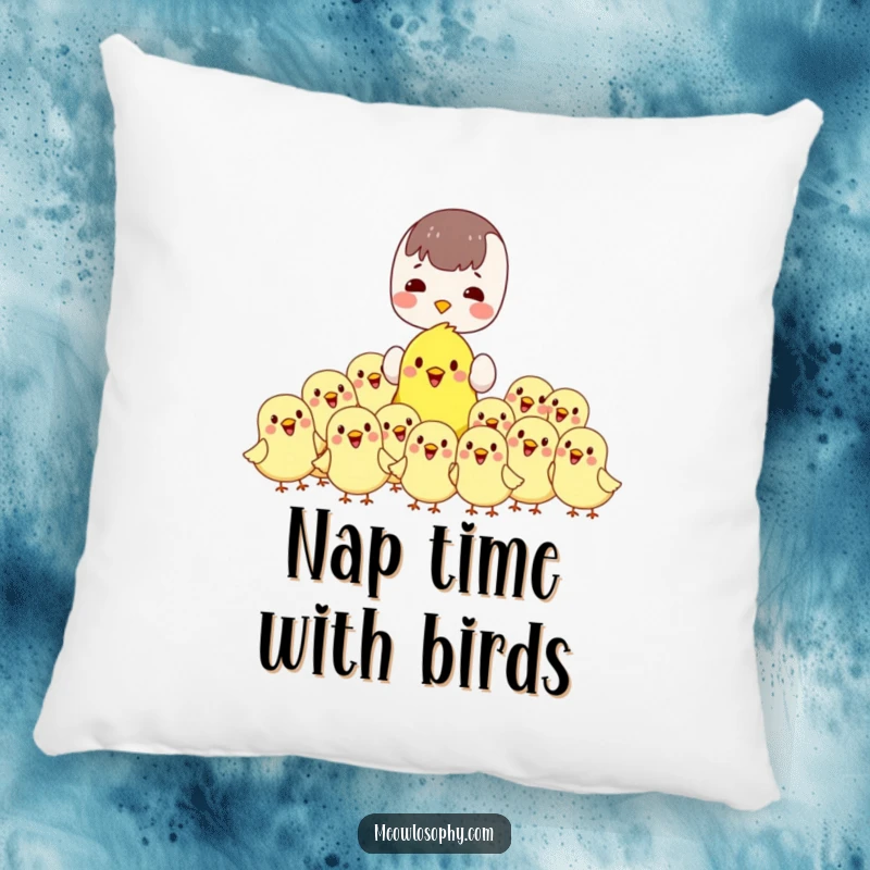 Funny kawaii pillow with a character feeding plump, cheerful birds. Soft, cute, and humorous home decor.