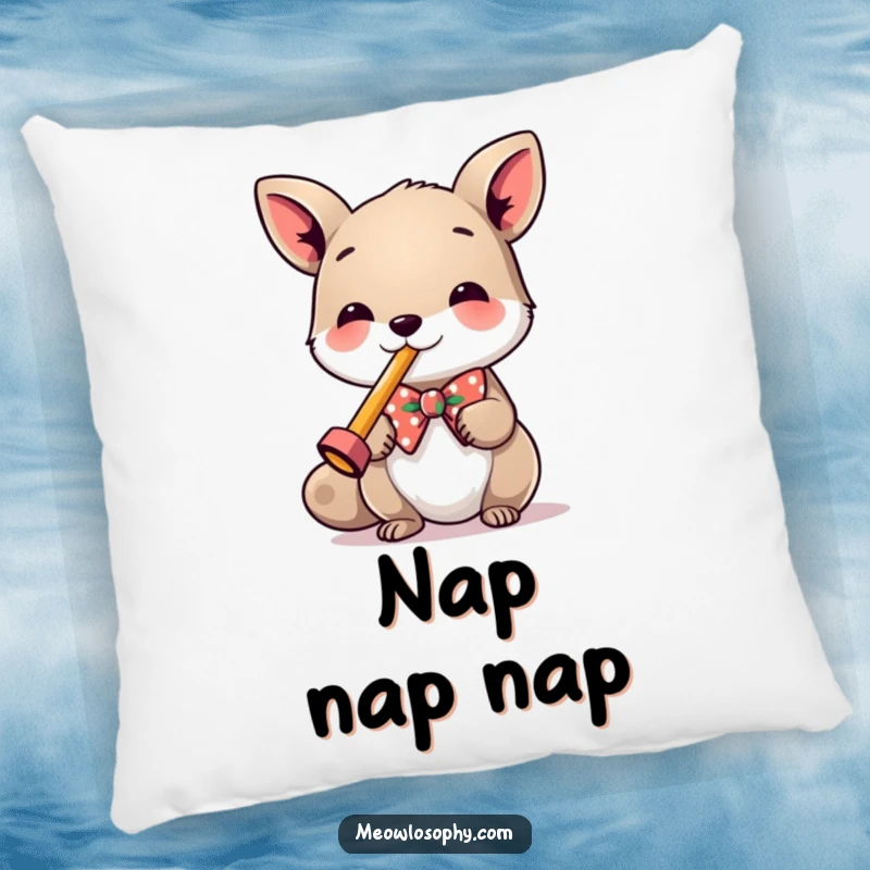 Funny Pillow featuring a stylish animal in a bowtie, playing a miniature kazoo, perfect for adding humor to any room.