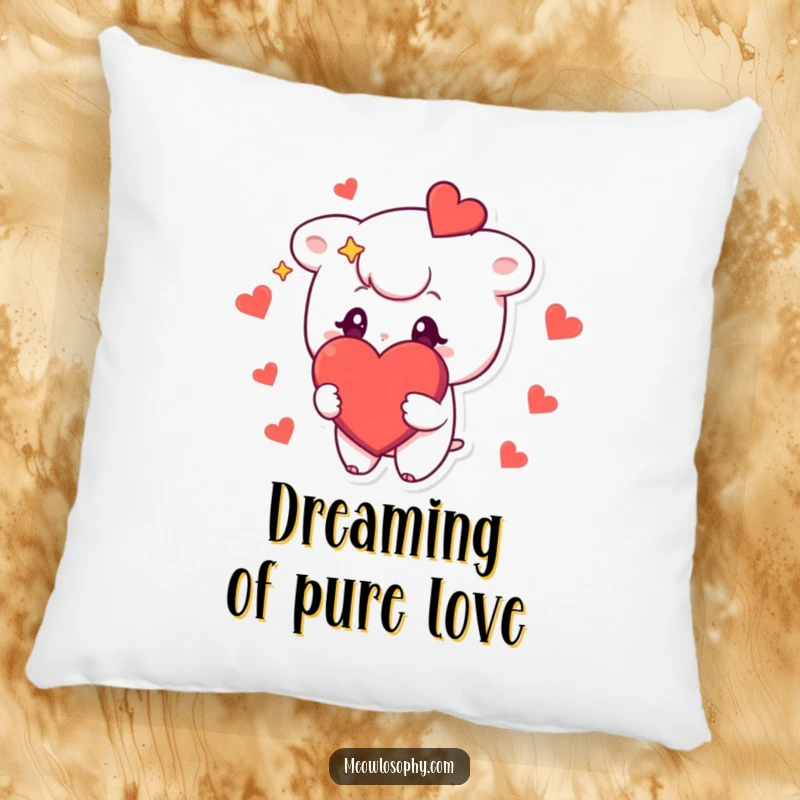 Funny pillow featuring a cute character with stars in its eyes, holding a big, red heart, perfect for cozy, loving comfort.