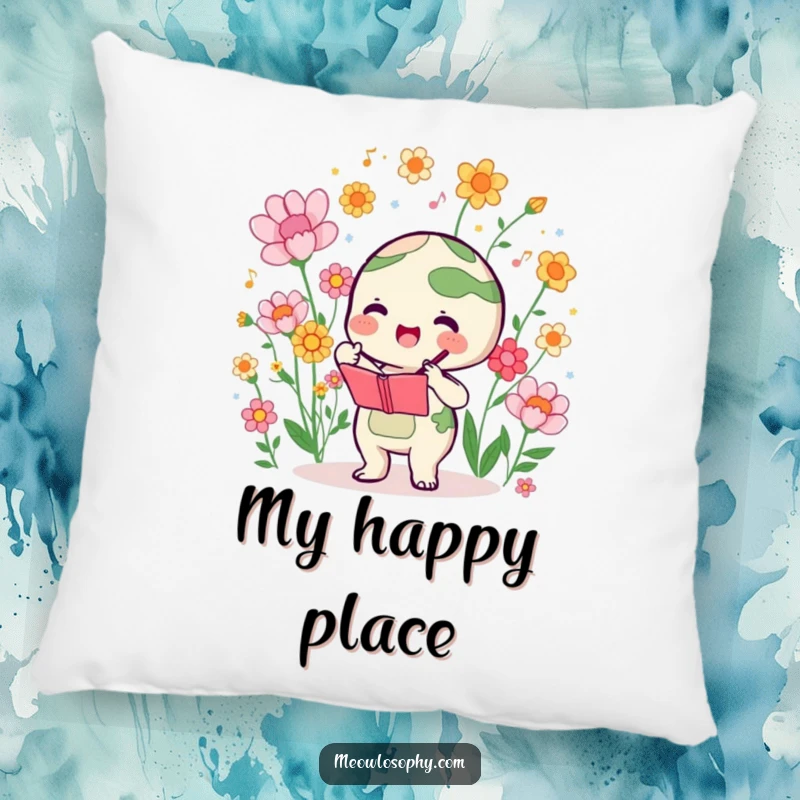 Funny decorative pillow with a cute earth character conducting a symphony of blooming flowers, ideal for cozy, artistic appeal.