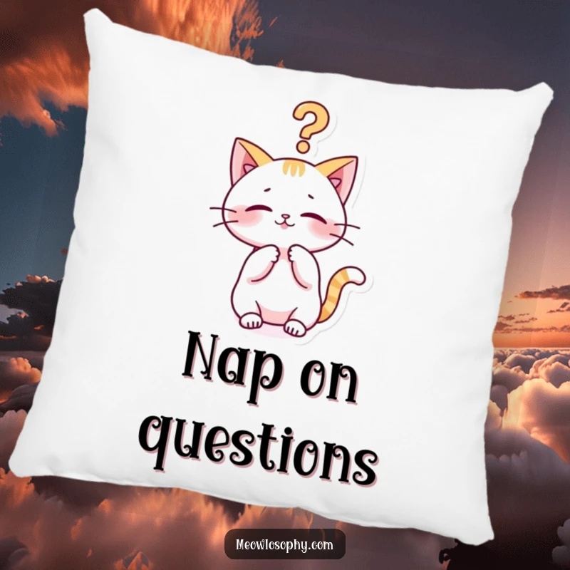 Funny kawaii cat pillow with a cute character playfully batting at a philosophical question mark, humorous and cozy home decor.