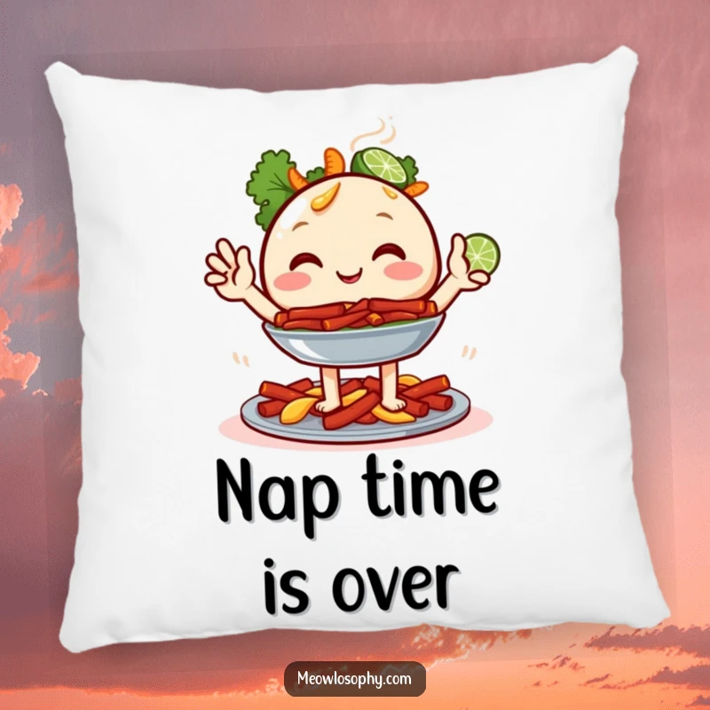 Funny Fajita Platter Pillow featuring a smiling food character and two small lime wedges waving, perfect for adding cozy humor to any space.