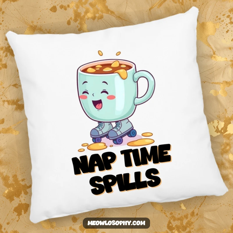Funny pillow graphic of a sentient coffee mug comically spilling its contents while wearing tiny roller skates.