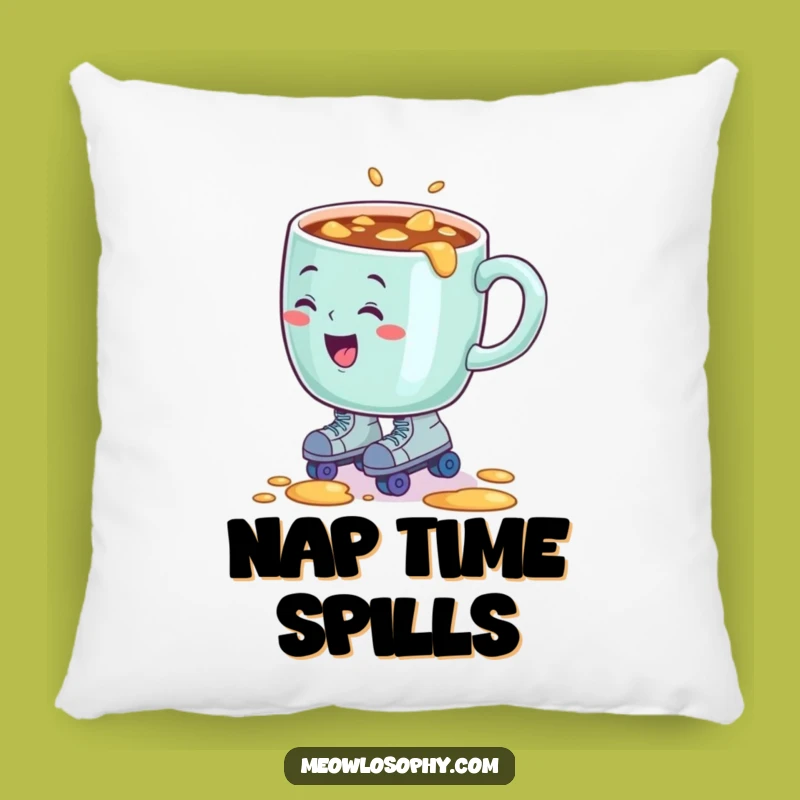 Funny Coffee Mug Roller Skate Spill Pillow, Comfy & Hilarious Decorative Accent