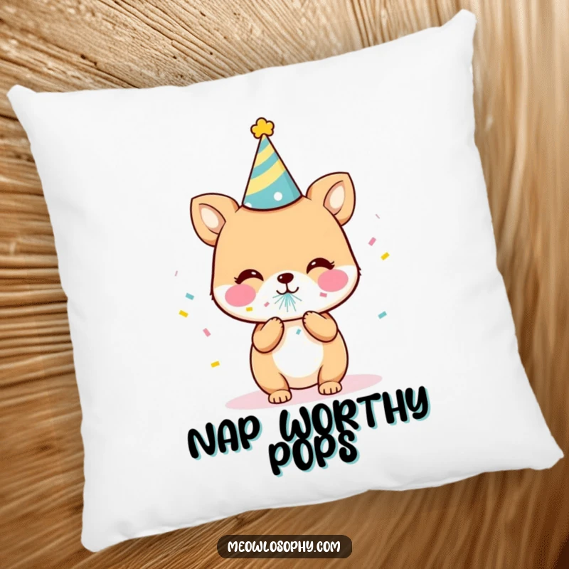 Funny Party Animal Pillow featuring a cute character in a party hat, blowing confetti. Soft, humorous, and a festive gift.
