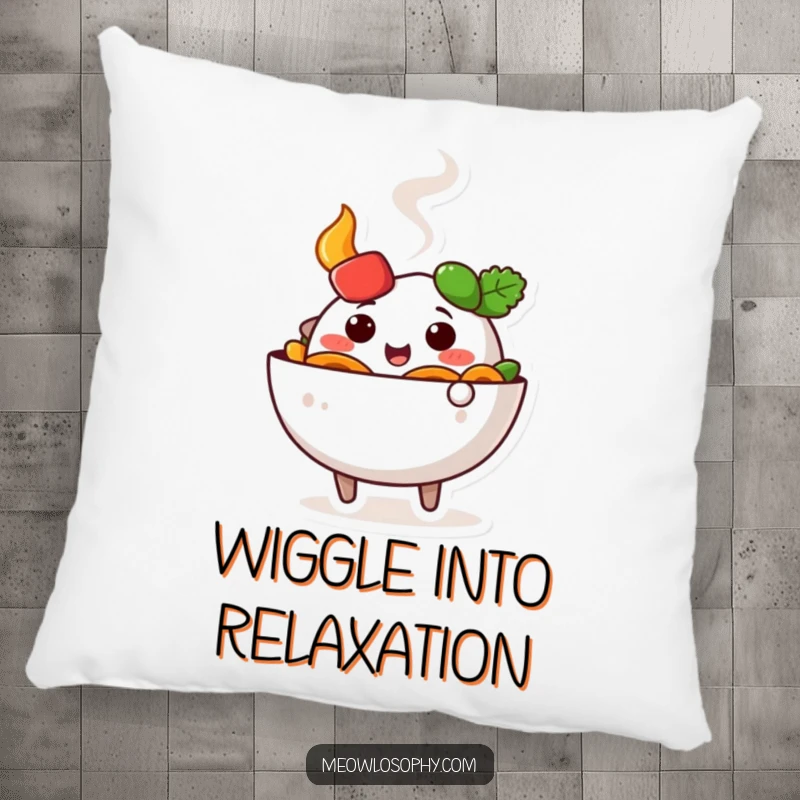 Funny cute fajita bowl character wiggling happily with steam, offering comfort and culinary cheer on a soft pillow.