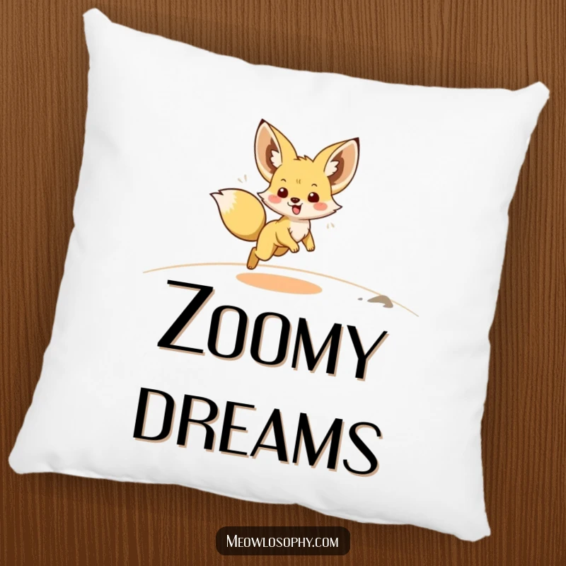Funny Fennec Fox Pillow shows a cute fox with its ears back, mid-zoomie across a sandy terrain, bringing energetic charm to your space.