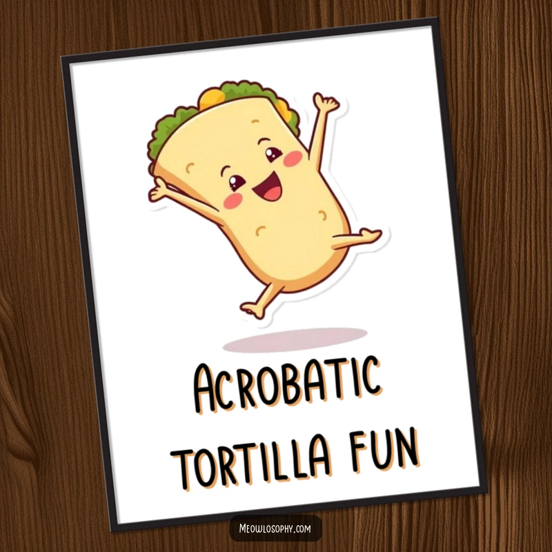 Funny Digital Art Print of an anthropomorphic tortilla character joyfully cartwheeling with flair, bringing dynamic, edible energy for wall decor.