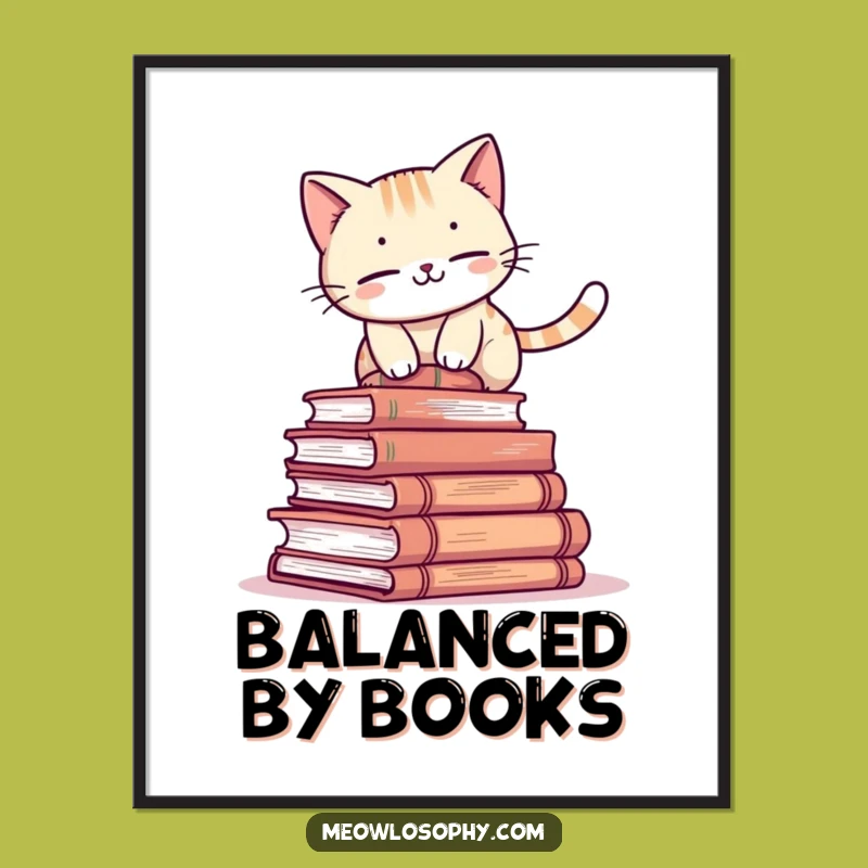 Funny Book Cat Digital Print: Feline Balancing Art Print Gift