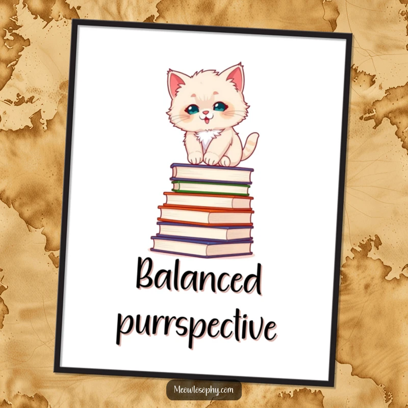 Funny fluffy kitten digital art, a kitten balancing precariously on philosophy books, perfect for adding intellectual charm.