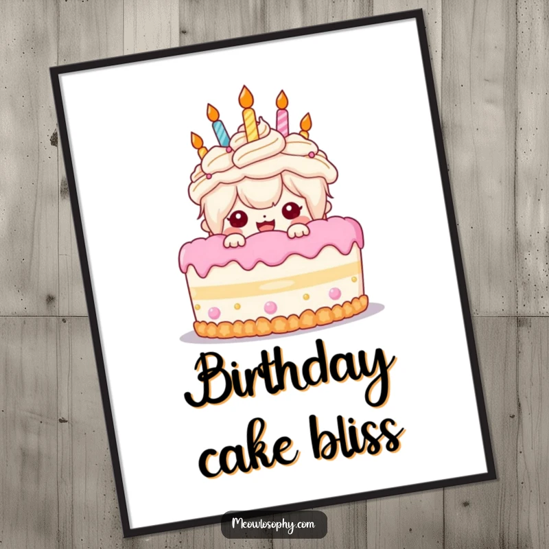 Funny Birthday Cake Digital Art: A kawaii character peeks gleefully from behind a giant cake, instantly adding festive charm.