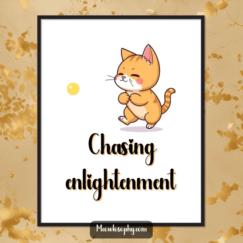 Funny digital art print of a ginger cat chasing a laser pointer dot shaped like a profound philosophical symbol.