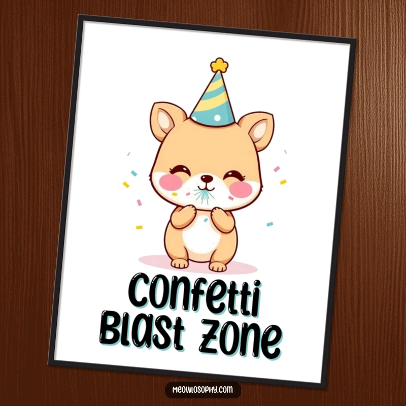 Funny Party Animal Digital Art Print showing a cute character in a party hat, blowing confetti. Humorous and instantly downloadable decor.