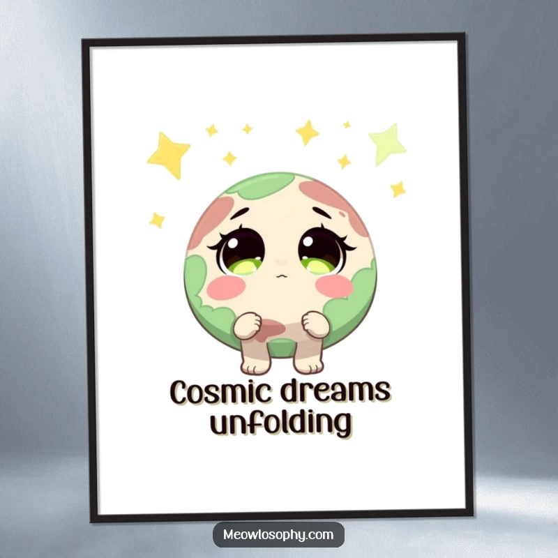 Funny Earth character with wide, sparkling eyes looking up at shooting stars, as a digital art print, bringing instant cosmic humor.
