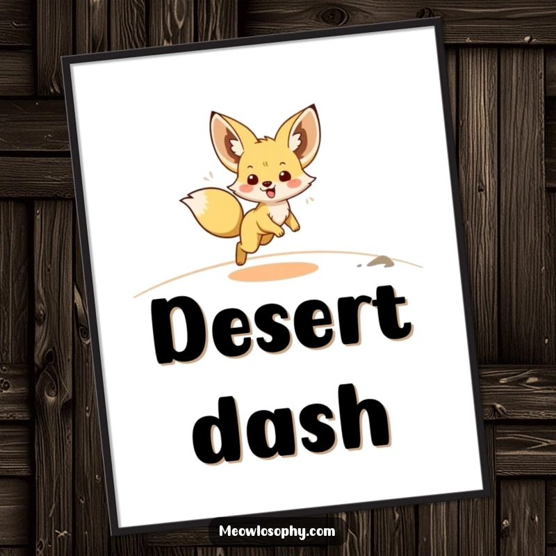 Funny Fennec Fox Digital Art Print features an adorable fox with ears streamlined back, captured in a joyful, energetic zoomie across sand.