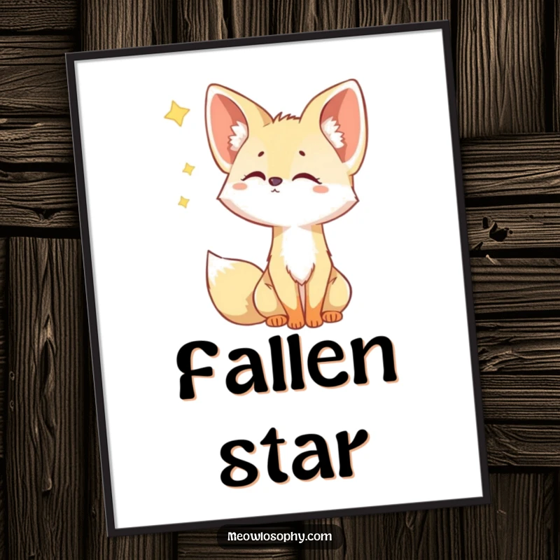 Funny Fennec Fox Digital Art Print features an adorable fox with ears tilted, gazing with wide-eyed curiosity at a brilliant shooting star.
