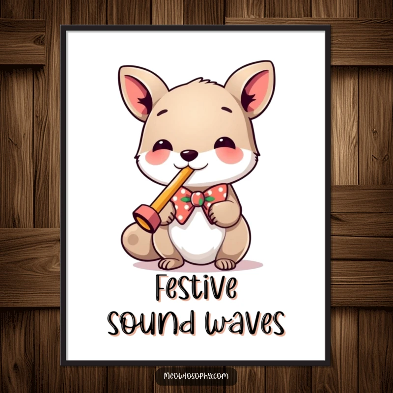Funny Digital Art Print of a cool animal in a festive bowtie, playing a small kazoo, perfect for vibrant wall decor.