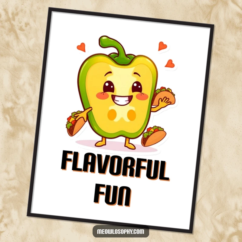 Funny Pepper Digital Art Print of a grinning bell pepper slice juggling tacos, high-quality download.