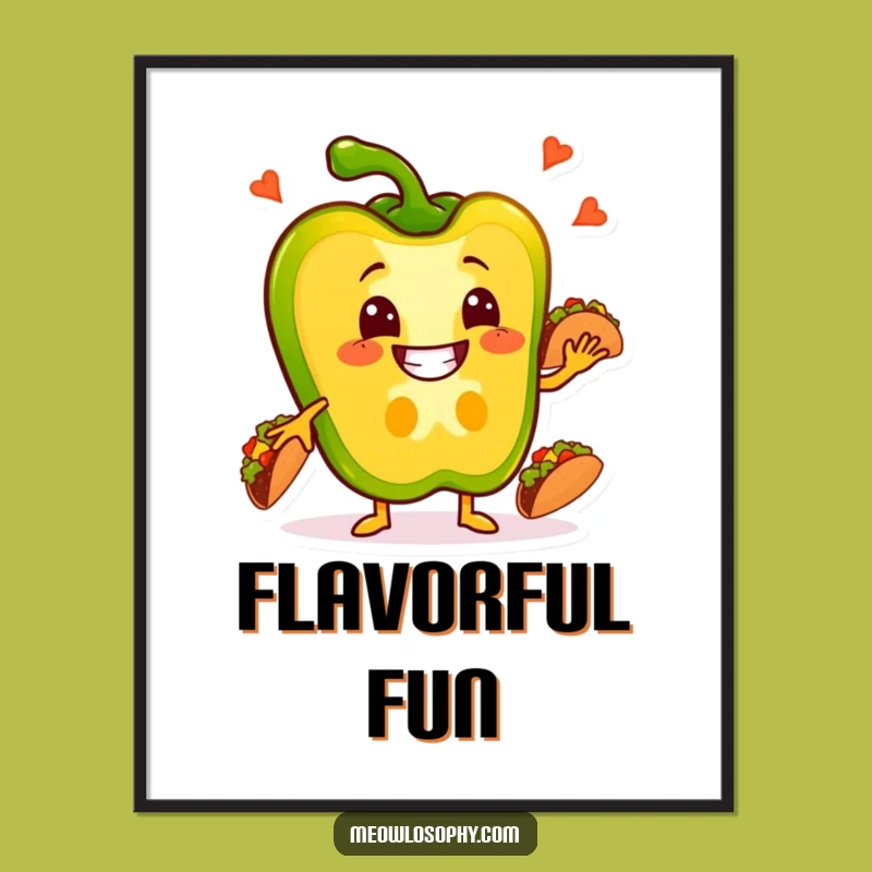 Funny Pepper Taco Digital Art - Whimsical Veggie Fiesta Print, Adorable Humorous Decor