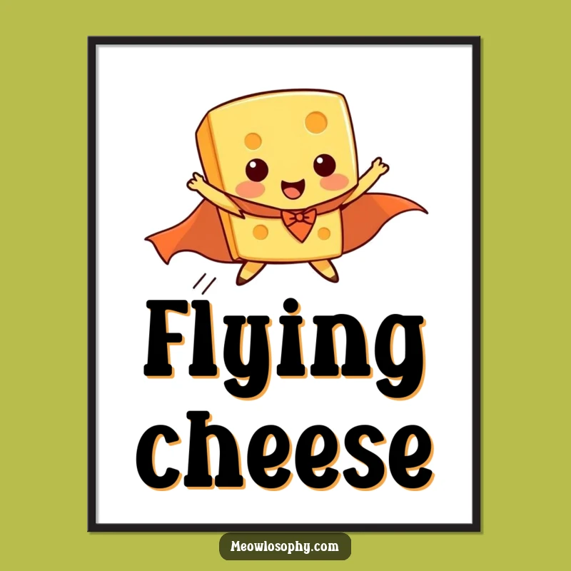 Funny Flying Cheese Superhero Digital Art, Hilarious Decor for Whimsical Homes