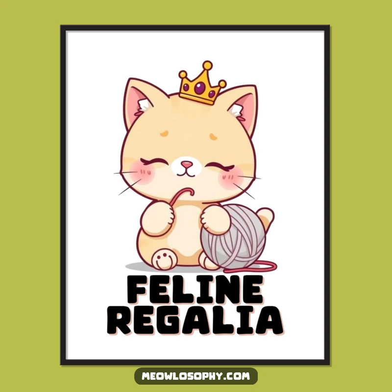 Funny Cat Crown Digital Print: Regal Feline Yarn Ball Wall Art Gift