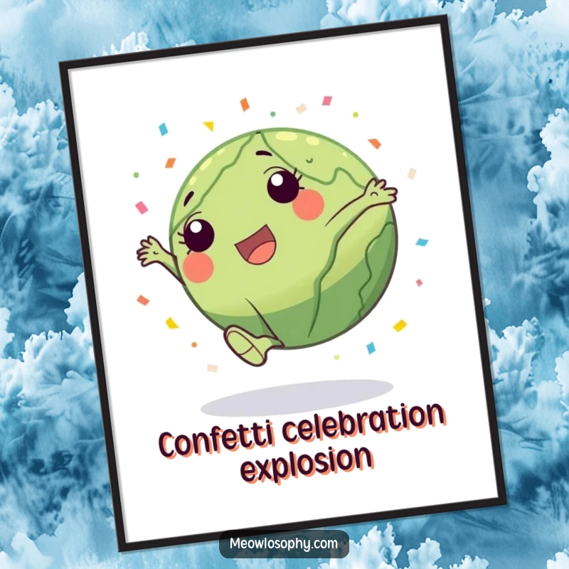 Funny Earth character doing a cartwheel with a trail of confetti, as a digital art print, bringing instant festive humor.