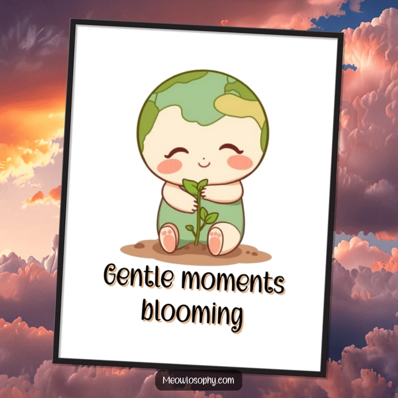 Cute Earth character sharing a gentle hug with a tiny seedling, as a digital art print, bringing instant heartwarming humor.