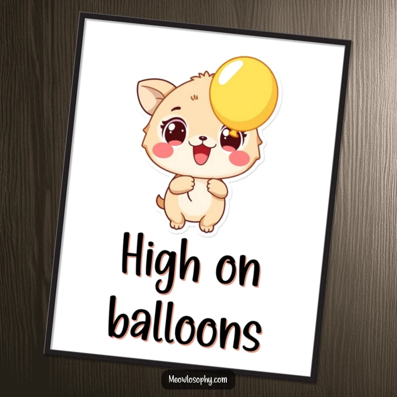 Funny Excited Animal Digital Art Print showing a character with wide eyes holding a balloon. Humorous and instantly downloadable decor.
