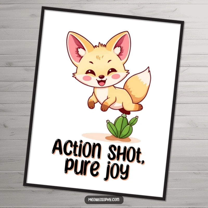 Funny Fennec fox digital art print of a happy fennec fox bounding over a tiny cactus, ready for instant download.