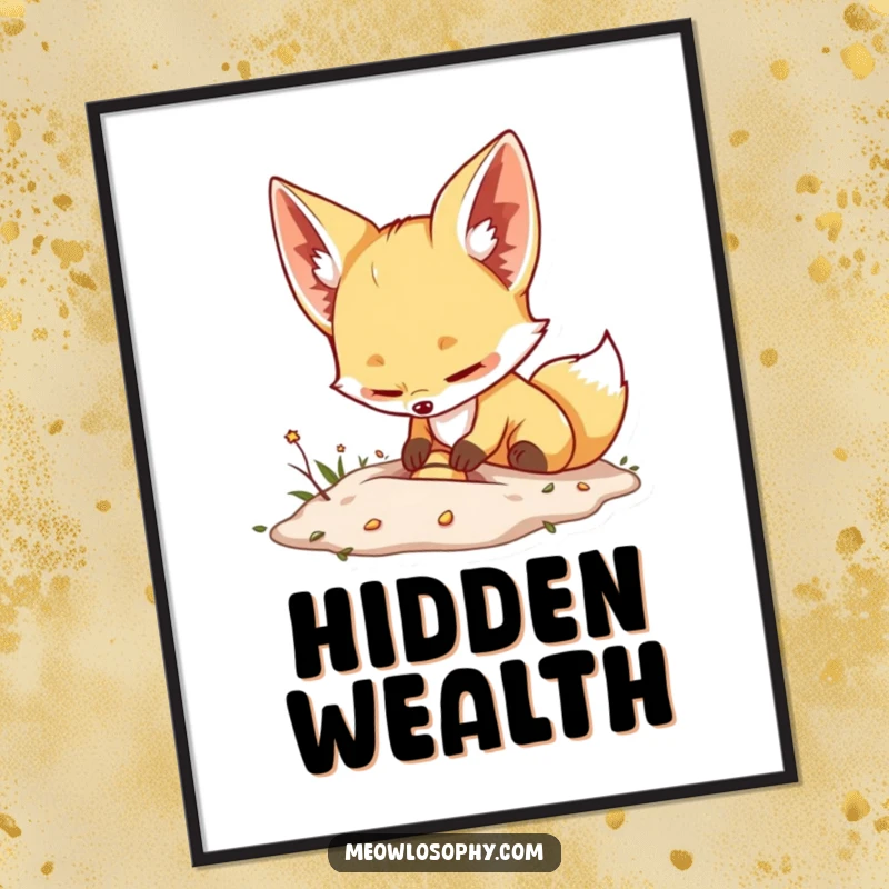 Funny Fennec Fox Digital Art Print showcases an adorable fox with immense ears, joyfully burying a minuscule treasure, radiating excitement and charm.