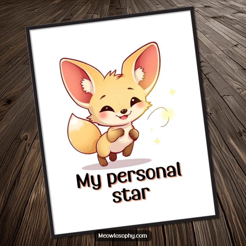 Funny digital art print of a fennec fox with large ears joyfully chasing a glowing firefly, an enchanting and whimsical wall decor piece.